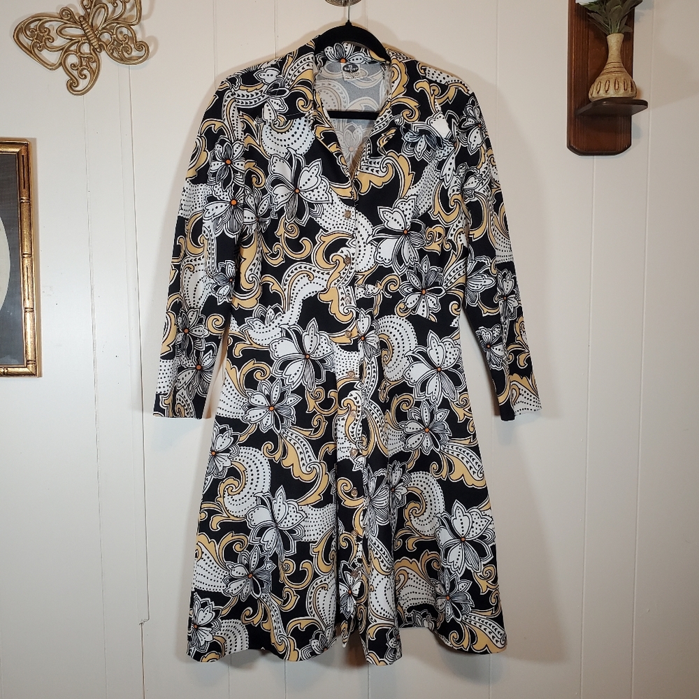 Vintage Paisley Black Yellow 70's Long Sleeve Knee Length Dress Size 18